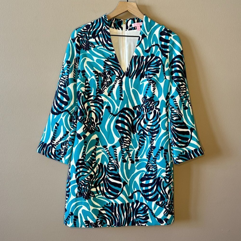 Women's 2 Lilly Pulitzer Devina Tunic Zebra Dress Teal White Funky Print - Picture 3 of 11